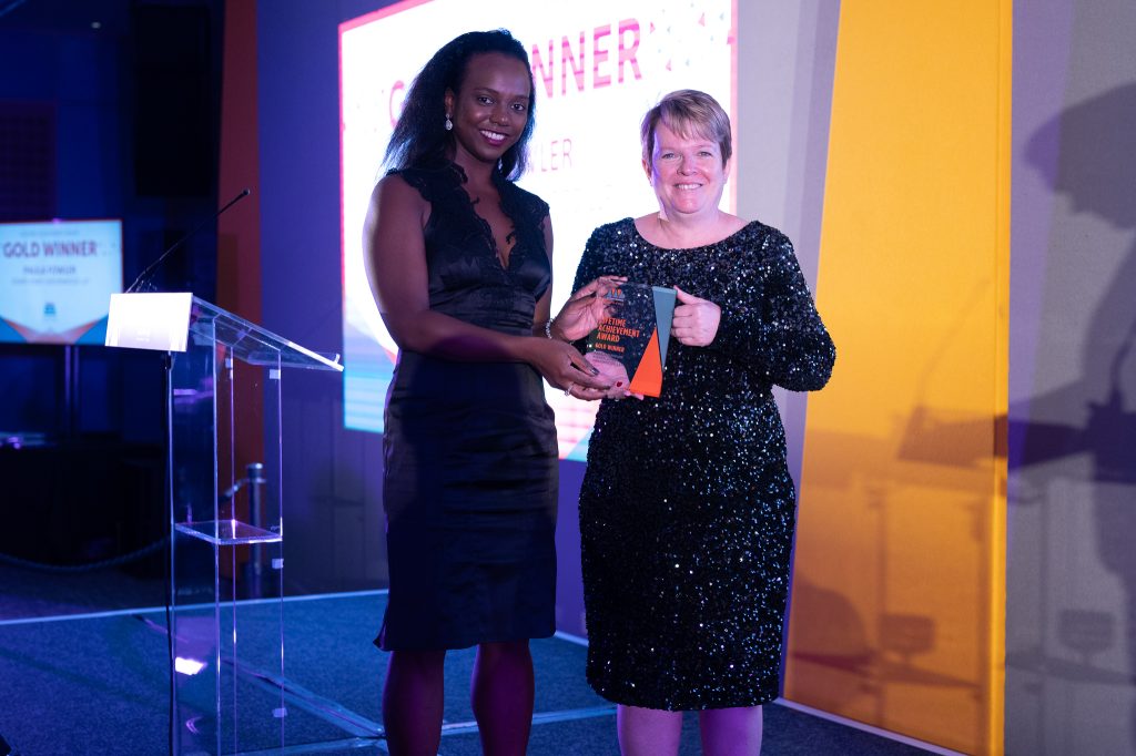 Paula Fowler, CEO of FJG receiving her Gold Lifetime Achievement Award.